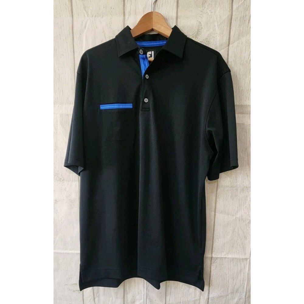 FootJoy FJ Polo Shirt Mens Large Short Sleeve Black Blue Trim Golf Performance
